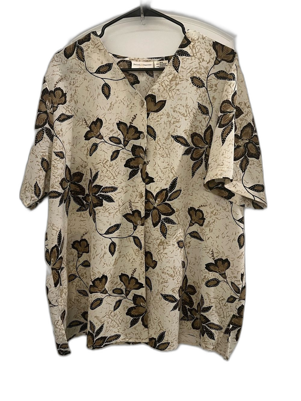 Jaclyn Smith 18W Plus Floral Button Front Blouse Beige Brown 100% Polyester